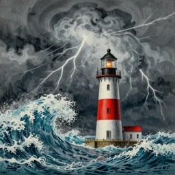 a lighthouse during an intense thunder storm, etching, huge waves, vivid colors, in the style of gustave dore
