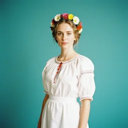 a photograph of beautiful nordic woman wearing a white folkdrakt dress, she has a summer flower headband. against a teal studio backdrop. strong kodak portra 4 0 0 film look. film grain.
