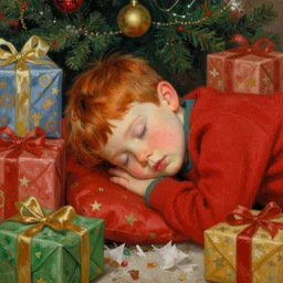 four year old boy with short ginger hair, asleep at christmas. surrounded by gifts. high quality detailed face. beautiful painting by artgerm and greg rutkowski and alphonse mucha