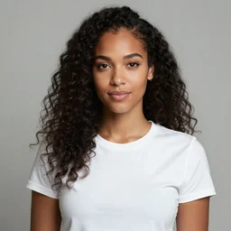 beautiful realistic portrait of a beautiful biracial woman wearing a white t shirt age 3 5 3 / 4 view, by connor hibbs, professional portrait photograph spectacular detail trending on artstation 8 k