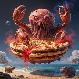 beautiful digital fantasy illustration of a layered pizza dream boat floating in the cubic space of cosmic terror, blobfish made of pizza on the beach, but it is a horrible mutated frightening gross pizza hybrid creature, realistic, detailed, cinematic, hyperrealism, ( crab ) covered in pizza with red mist coming out the pizza. unreal engine, epic scenery, national geographic, hungry hippos, by petros afshar and chiho aoshima