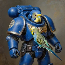 a portrait of a Budgerigar as a Space Marine from the Warhammer 40k, ultramarine space marine Budgerigar, blue armor, glorious, masterpiece painting by Rembrandt, Melopsittacus undulatus as a Space Marine from the Warhammer 40k