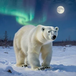 an oil painting of a close - up polar bear traversing a snowy landscape at night, the northern lights and the moon are visible