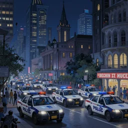 a beautiful, surreal painting of india portrayed as gotham city at night filled with police cars, people and batman signal on the clouds by gerardo dottori and simon stalenhag, oil on canvas, full hd, 8 k
