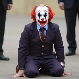 putin in the mask of a crying clown is kneeling hyper, realistic photos, clear details.