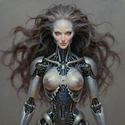 perfectly centered portrait front view of a beautiful biomechanical alien robot goddess, flowing hair, intense stare, sweet smile, symmetrical, concept art, intricate detail, volumetric shadows and lighting, realistic oil painting by alex grey,