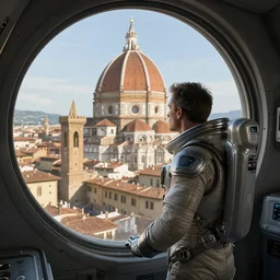 a man in futuristic space suit looking at ancient renaissance florence italy through a time travel spaceship window, scifi, serene, refined, by wlop, peter mohrbacher, jakub rebelka, visually stunning, beautiful, masterpiece