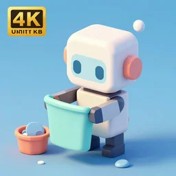 low - poly cute robot character doing laundry, 3 d render, blender, unity, octave, 4 k, isometric view, beautiful render, pastel colours, breath of the wild art style