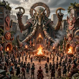 detailed ultrarealistic photography of organic rustic robust tribal arkham city, cthulhu statue, ritual festival, bonfires, wickerman, hordes of cultists, ian miller, greg rutkowski, cinematic, full shot, symmetric