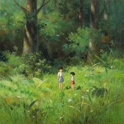 a photograph of a small grassland nestled in a forest, maximalist style, soft edges, finely detailed oil painting, impasto brush strokes, soft light, 8 k, dramatic composition, studio lighting, sharp focus, octane render, masterpiece, by makoto shinkai and akira toriyama and hayao miyazaki and thomas kinkade