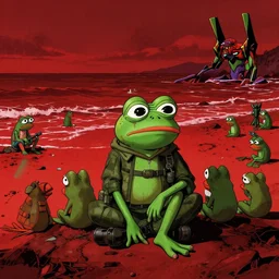 resolution 4k made in abyss design Akihito Tsukushi design body pepe the frog Cold war S.T.A.L.K.E.R conflict visceral military sitting by an ocean of red the group of pepes sitting at the shore like End of Evangelion , pepe the frogs at war, art in the style of and Oleg Vdovenko and Akihito Tsukushi ,Stefan Koidl , Shintaro Kago-H 1027