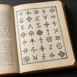 a very detailed book of spells with ornate cryptic symbols drawn on the pages