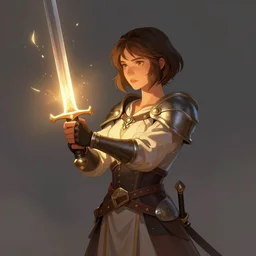 mid - shot fantasy character illustration of a pious plain short - haired female warrior offering up a sword with both hands, divinely lit, radiant glowing, trending on artstation, digital art ( by jesper ejsing ) ( by clint cearley ) ( by raluca marinescu )