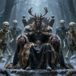 a cursed king dressed in a deer fur cloak, sitting in her throne, surrounded by skelleton minions, under a snow rain, cinematic epic scene, wide view, winter light, detailed, 8 k, trending on cgi society, volummetric light