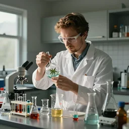 environment portrait of sensible australian hobby scientist conducting cannabis science experiment in controlled environment in kitchen, luxury beakers and expensive equipment, caustics, glassware, natural sunlight, cinematic, octane render 8 k trending on artstation