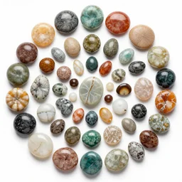 roughly circular precious stones of different colours and materials laid out in a regular pattern