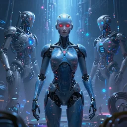 humanoid machine with blue skin and red eyes in a spiritual psychedelic world with super powerful and intelligent machines, cyberpunk art cosmic distopic