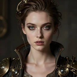 in the style of rob hefferan, artgerm, beautiful taissa farmiga, steampunk, elegant pose, middle shot waist up, symmetrical face symmetrical eyes, cinematic lighting, detailed realistic eyes, short neck, insanely detailed and intricate elegant
