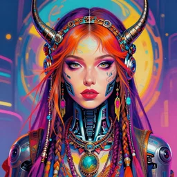 colorful portrait of a female hippie with cybernetics, but set in the future 2 1 5 0 | highly detailed | very intricate | symmetrical | professional model | cinematic lighting | award - winning | painted by mandy jurgens | pan futurism, dystopian, bold psychedelic colors, cyberpunk, anime aesthestic | featured on artstation