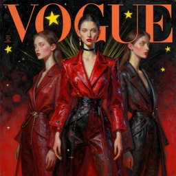 3 d, fashion model, black and crimson night sky, yellow stars, moon rays, vogue cover style, poster art, high detail, intricate oil painting, multiple exposure, hyperrealism, 3 d, by tooth wu and wlop and beeple and greg rutkowski
