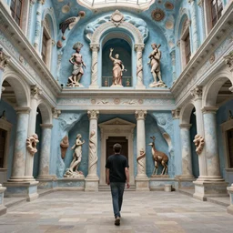 pov one man walking in a ancient neoclassical building, light blue troglodyte temples made of human flesh, taxidermia, by andrei rublev, high quality, high detail, ornemental, restored