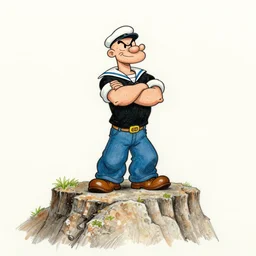 popeye the sailor, standing on top of a cliff with folded arms, pencil drawing