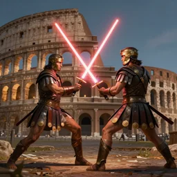 gladiators in the colosseum fighting with lightsabers, digital art, detailed, realistic, artstation