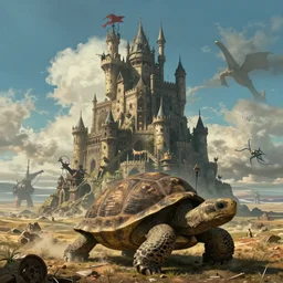 large fantasy castle rising from the top of a giant tortoise, towering over a harsh barren wasteland, howls moving castle, mortal engines, kaiju, distant - mid - shot, fantasy, hyper detailed, 4 k