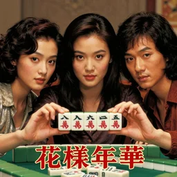 modern Hong Kong romantic movie poster, 3 young and beautiful women, symmetrical faces, with hands holding Chinese Mahjong 麻雀牌🀄️facing to audience, painted by Norman Rockwell, dramatic cinematic lighting by Wong Kar Wei, Stanley Kubricks, hyper realism, ultra realistic, 4K, highly detailed, trending on art station, in the mood for love aesthetic, with Chinese title, 花樣年華, Bruce Lee as bodyguard