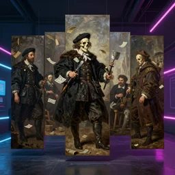 death of the money lenders, oil painting by rembrandt, led panel screens, futuristic neon lighting