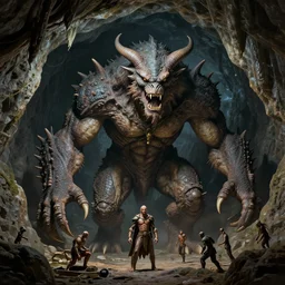 the large fantasy monster in a dark cave, by gaston bussiere, j. c. leyendecker, craig mullins, donato giancola, greg rutkowski, symmetry!!, highly detailed, sharp focus