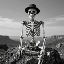 a hipster skeleton posing, black and white