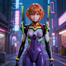 lain iwakura from serial experiments lain wearing skintight eva plugsuit inspired by evangelion in cyberpunk city night neon street wonderful masterpiece highly detailed scifi, cute amber eyes beautiful volumetric lighting, elegant, sharp focus, ultra realistic, 4 k art by greg rutkowski wlop cables, piping, concept art, cybernetic, intricate detail octane render cute amber eyes x hairpin