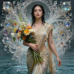 portrait of a beautiful woman wearing a sari dress, holding a bouquet of flowing flowers, drenched body, wet dripping hair, emerging from the water, fantasy, regal, fractal crystal, fractal gems, by ross tran stanley artgerm lau, greg rutkowski, thomas kindkade, alphonse mucha, loish, norman rockwell