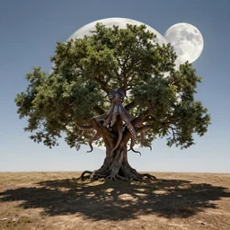 a big old oak that has looks an octopus in front of the moon with a clear detailed shadow on the ground. octane render, cinematic photo, amazing light.