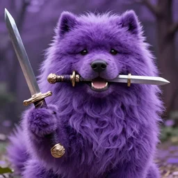 giant fluffy purple dog holding a sword in its mouth