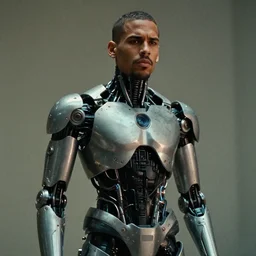 a cinematic film still of rapper chris brown as a cybernetic cyborg, cgi, surrealism, film photography