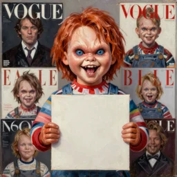 screaming chucky doll holding blank poster, vogue magazine, elle magazine, greg rutkowski, john singer sargent, trending on artstation, oil painting, intricate