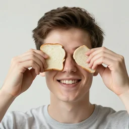 guy putting a piece of bread in his eye as a joke