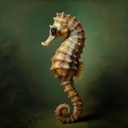 a rococo portrait of a seahorse creature with big eyes, 1 8 th century painting by jean - honore fragonard. front on view. gloomy green atmosphere, blurry organic environment background