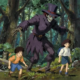 professionally painted art by yuji ikehata and satoshi kon, background art by miyazaki, proper human proportions, of an evil living scarecrow hunting lost travellers in the woods