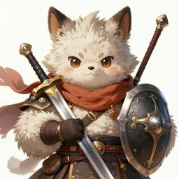 whimsical fluffy warrior of hiyabusa square, scarf, sword and shield, close up, details, sharp focus, elegant, highly detailed, illustration, by jordan grimmer greg rutkowski wlop maya takamura, intricate, trending artstation, pixiv, digital art