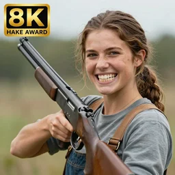 a farmer’s daughter, she has large front teeth and a massive overbite. She’s holding a shotgun and smiling widely. Award winning photo. 4K. Extremely detailed.