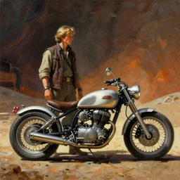 cinematic 1 6 mm film, moebius and ralph mcquarrie style retro motorbike motorcycle futuristic sci - fi, painting, pulp sci - fi, star wars dune, the incal