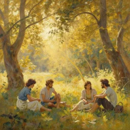 by sverre fehn, by john frederick kensett shimmering riotous. mixed mediart, the warm, golden light of the sun casts a beautiful glow on the scene, & the gentle breeze ruffles the leaves of the trees. the figures in the mixed mediart are engaged in a simple activity, the way they are positioned & the expressions on their faces suggest a deep connection. peace & contentment, idyllic setting.