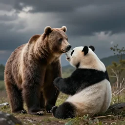 pop art of a grizzly bear and a panda bear in love.