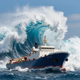 a huge rogue wave hits a ship out at sea, digital art, highly detailed, realistic, bright colors, 8 k