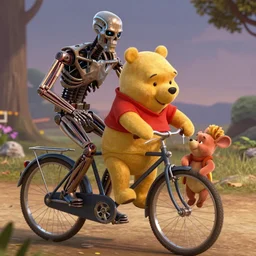 terminator 2 still, winnie the pooh as terminator on bike, saving pigglet as john connor