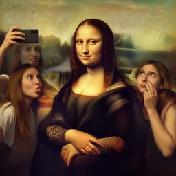gioconda taking a selfie with her friends, Leonardo Da Vinci style, painting