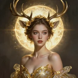 young woman with antlers, fantasy, intricate, highly-detailed, elegant, gold, crown, flowers, dramatic lighting, glowing halo, gorgeous face, sexy gown, lifelike, photorealistic face, digital painting, artstation,  illustration, concept art, smooth, sharp focus, art by John Collier and Albert Aublet and Krenz Cushart and Artem Demura and Alphonse Mucha
